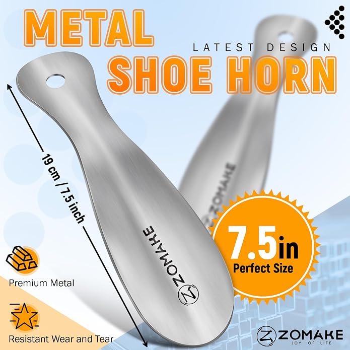 ZOMAKE Metal Shoe Horn, Small Travel Shoehorn for Men Women Kids 7.5''&3.9" | 3 Pack Stainless Steel Portable Shoe Spoon Helper, Compact Travel Size, Built-In Hang Hole, Smooth Rounded Curve, Shoe Care