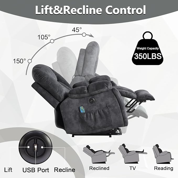 Large Power Lift Recliner Chair with Massage, Heat, and USB for Elderly, Overstuffed Wide Recliners, Heavy Duty and Safety Motion Reclining Mechanism, Gray