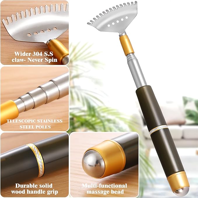 Back Scratcher, Long Back Scratcher Extendable for Women Men Adults, Sturdy Claw/Anti-Slip Handle/Massage Roller, Portable Metal Head Body Hand Scratcher Massager