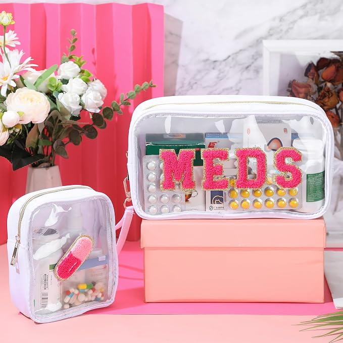 Hillban 2 Pcs Medicine Bag Chenille Letter Patch Meds Bags Travel Cases Preppy Clear Nylon Portable Makeup Bags Zipper Cosmetic Toiletry Storage for Women PVC Transparent Mini First Aid Bag(Adorable)