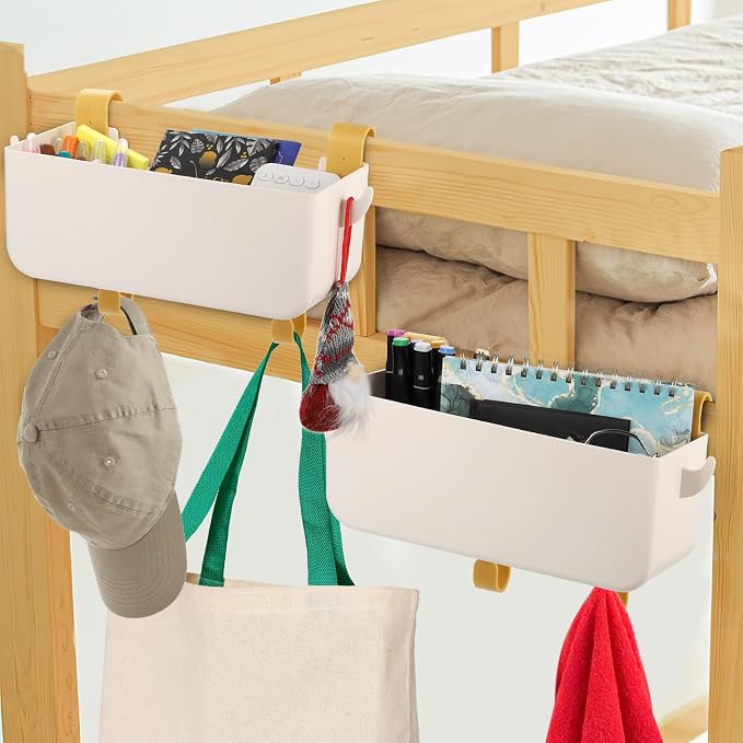 2 Pack Bedside Organizer Hanging Caddy, Bunk Bed Shelf Plastic Storage Basket with Hooks for Dorm, Bathroom Handrail, Remote Holder, Bottles, Office Supplies