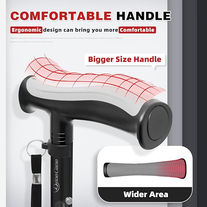 BeneCane Walking Cane for Men & Women Walking Stick for Seniors Folding Canes Quad Cane Adjustable Lightweight Sturdy Collapsible Heavy Duty with Soft TPR T-Handle and Travel Bag