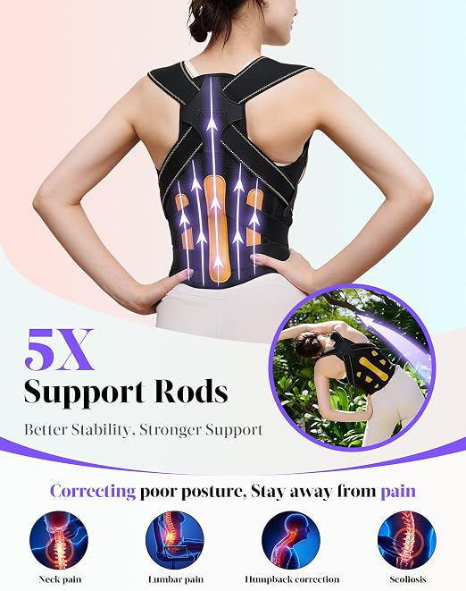 Posture Corrector for Women and Men, Full Back Support Brace, Adjustable Shoulder Straightener, Improving Posture, Relief Upper and Lower Back, Neck Pain, Black Yellow, Medium