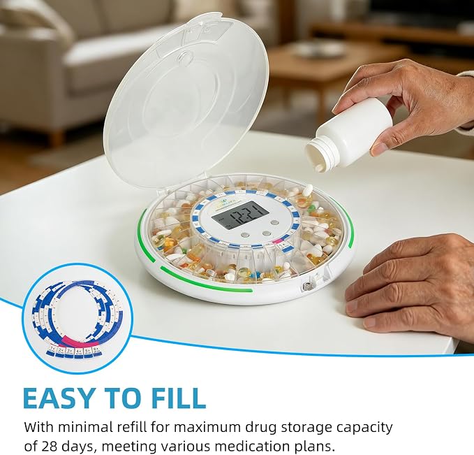 EziMedPil Automatic Pill Dispenser with Alarm for the Elderly | 28-Day Clear Lid & LCD Display Monitoring Pill Organizer with Sound-Light Reminders, 6 Daily Alarms & Lock Design for Pills