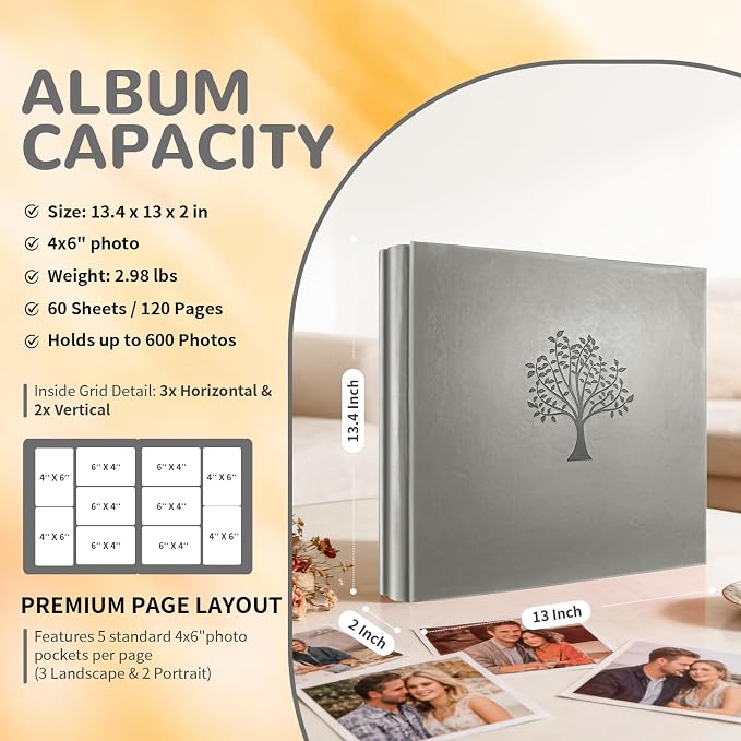 Photo Album 4x6 600 Pockets Photos, Large Capacity Leather Cover Photo Book | Slip-In Horizontal & Vertical Pockets Acid-Free Waterproof Picture Albums Great for Family Baby Wedding Holiday & Anniversary