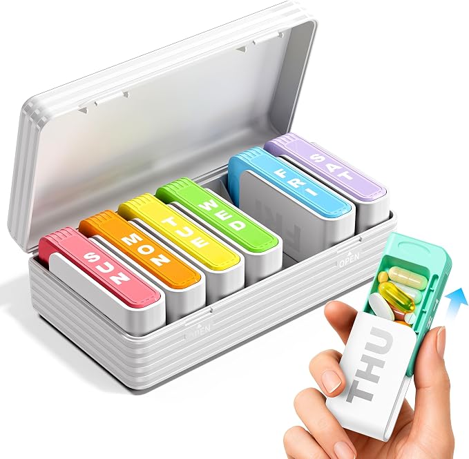 Daviky Pill Organizer 1 Time a Day, Drawer Style 7 Day Pill Case with Detachable Daily Boxes, Large Capacity Travel Pill Organizer for Vitamins, Fish Oil, Supplements, Color Coded