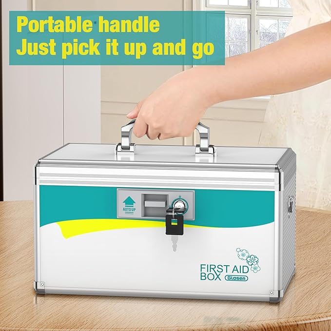 Glosen Medicine Lock Box,locking medicine box, Security Lock Boxes【Large 14x8.5x7.5 Inches with removable storage pocket】 lock box, First Aid Key Safe Box for Medication