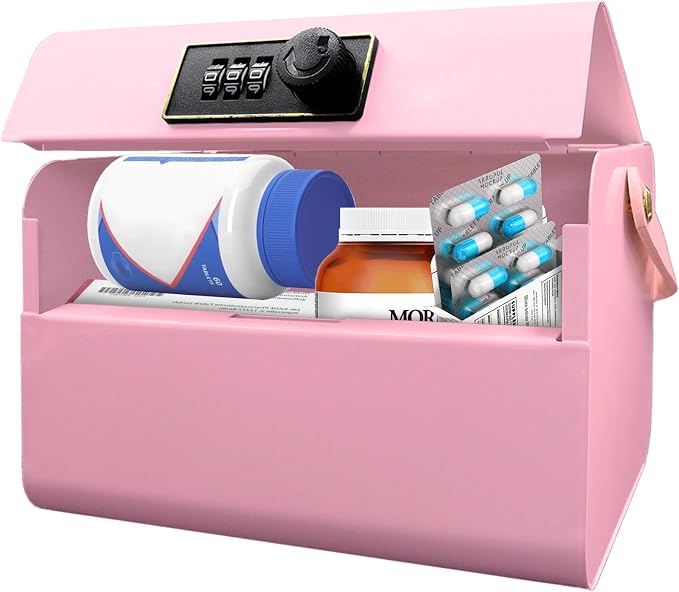 Medicine Lock Box with Code, Portable Medication Storage Box with Handle, Safety Medicine Case, First Aid Storage Organizer for Dorm Room, Home, Office (Pink)