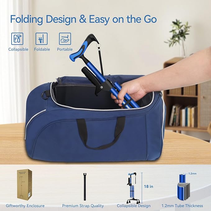 KingPavonini Walking Cane for Women/Men with Second Handle, Foldable & Adjustable Quad Cane with 4-Pronged Base for Standing, Lightweight Walking Aid for Seniors & Adults