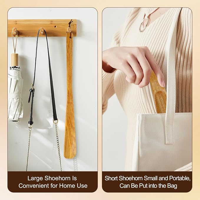 GLEAVI Wooden Shoe Horns 2-Pack Long and Short Handle Shoe Helpers for Seniors Men Women Portable Solid Wood Horn with Hanging Loop 15.74 & 6.30