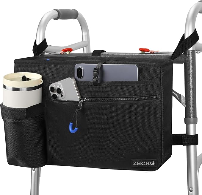 ZHCHG Walker Bag with Cup Holder, Walker Accessories for Seniors Detachable | Foldable Walker Basket with Large Capacity, Best Gift (Not Fit Rollator Walkers)- Black