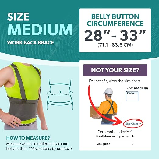 BraceAbility Work Back Brace - Removable Suspender Shoulder Straps for Heavy Lifting Safety - Industrial Lower Back Pain Protection Belt for Men and Women in Construction, Moving, Warehouse Jobs (M)
