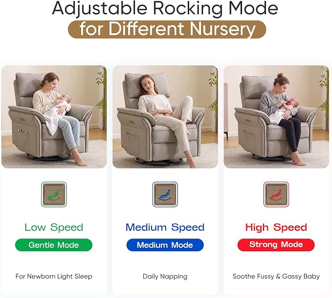 Power Nursery Recliner with Auto Rocking,Oversized Swivel Rocker Recliner with Massage and Heat,Glider Recliner Nursery Chair with Adjustable Headrest for Living Room and Bedroom,Faux Leather，Grey