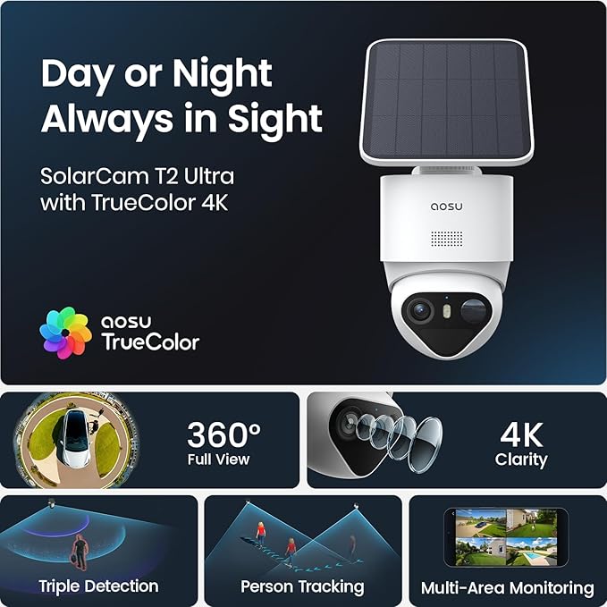 aosu T2 Ultra 4K Solar Security Cameras Wireless Outdoor, 2-Cam Kit, Smart Home Security System with TrueColor Night Vision, AI Recognition&Motion Tracking, 360°Pan&Tilt, Expandable 16TB Local Storage