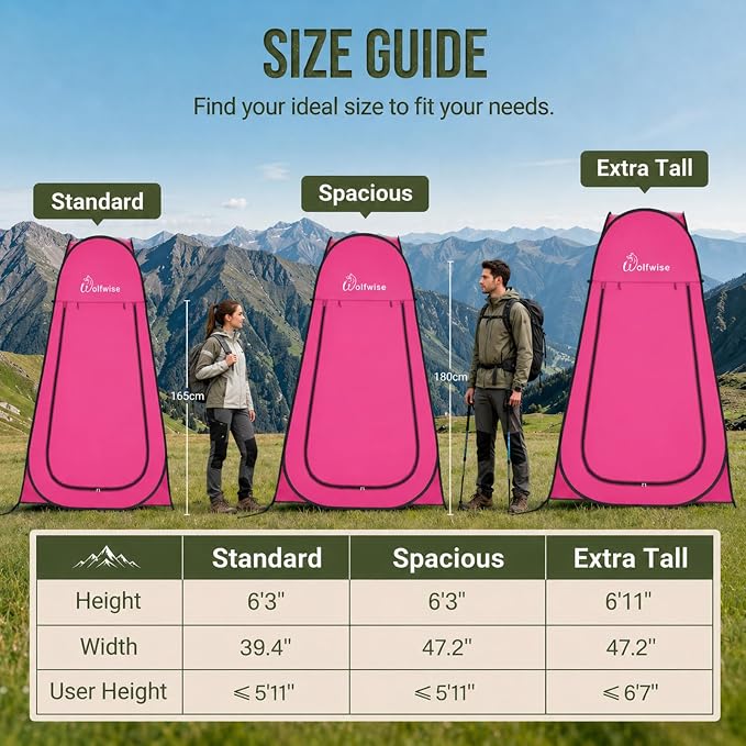 WolfWise Pop Up Shower Tent for Camping Essentials, Compact & Lightweight | Portable Instant Changing Tent with Window & Carry Bag, Privacy Dressing Room Bathroom for Outdoor, 6'3"/6'11" H