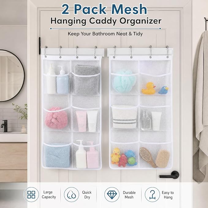 Bsagve 2 Pack Mesh Hanging Caddy Organizer with 6 Pockets, Shower Curtain Rod Liner Hanging Storage Pockets Bathroom Hanger, Bath Toy Holder