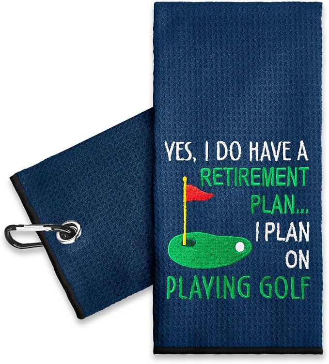 ERHACHAIJIA Yes I'd Have A Retirement Plan Embroidered Golf Towel with Clip. Funny Golf Accessories Gifts for Men Women Golfer Grandma Grandpa Mom Dad, Retirement (Navy)