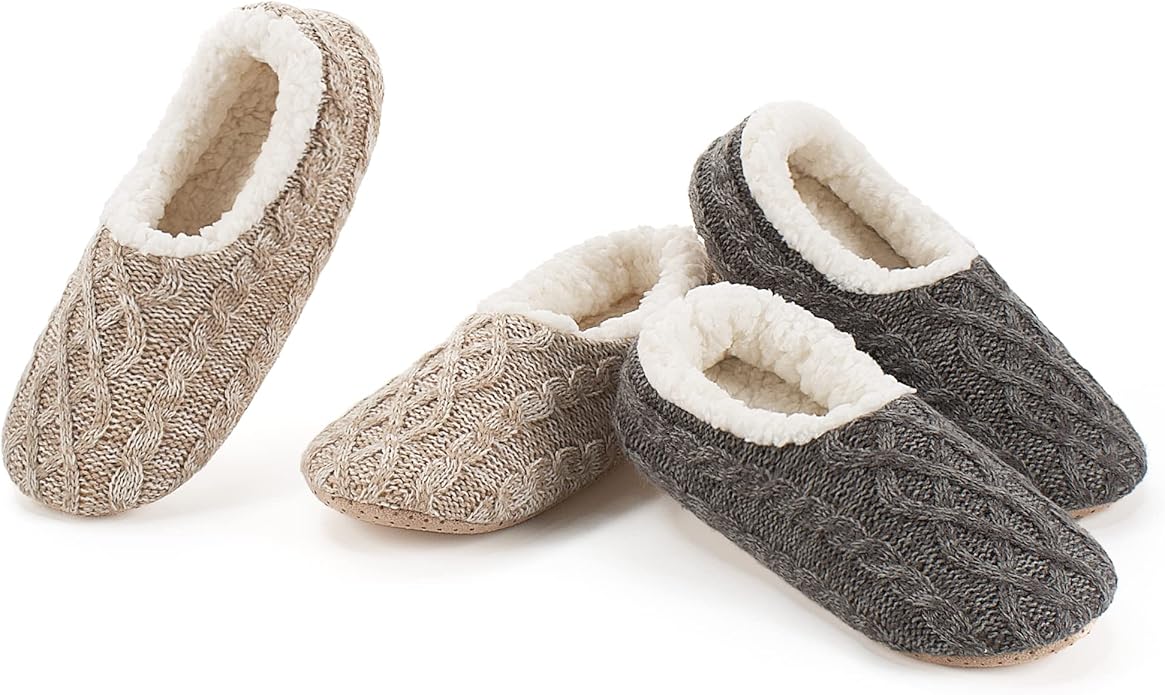cosyone1997 2-Pair Thick Warm Fuzzy Slippers for Women Indoor Fluffy Sherpa Lined, Winter House Shoe Socks Non-Slip Soft Soles, Cozy Christmas Gifts