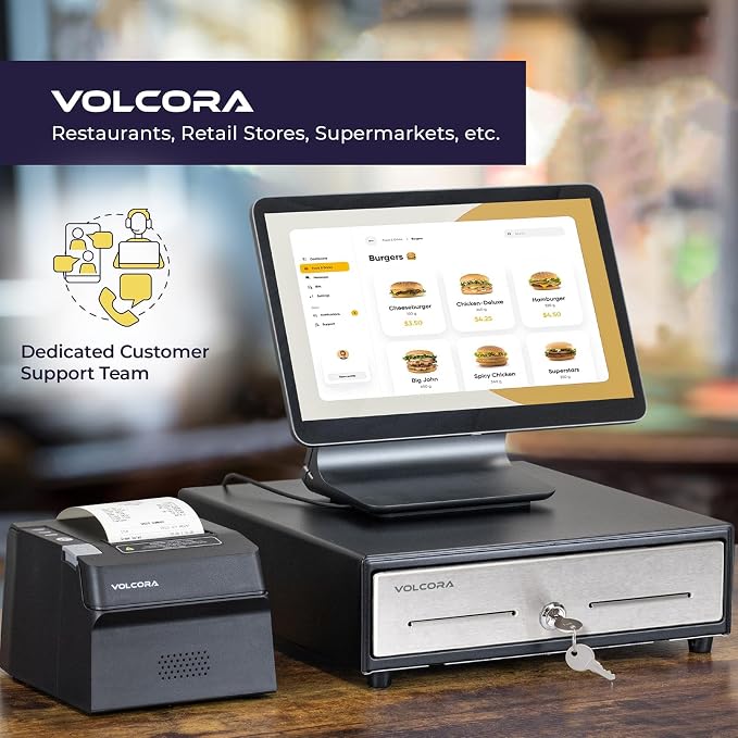 Volcora 13" Cash Register Drawer for Point of Sale (POS) System, 4 Bill 5 Coin Cash Tray, Black and Stainless Steel Front Cash Drawers, Removable Coin Compartment, 12-24V, RJ11/RJ12 Key-Lock