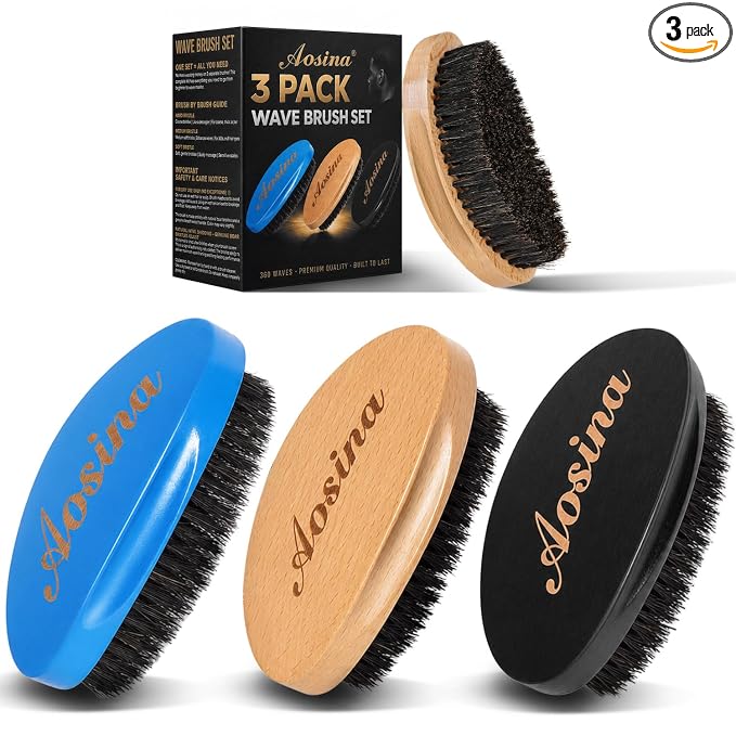360 Wave Brush Set for Men (Soft, Medium, Hard Boar Bristles) – 3-Pack Curved Palm Hair Brushes for 360 Waves, Wolfing & Daily Grooming – Complete Wave Grooming Kit & Gift Pack