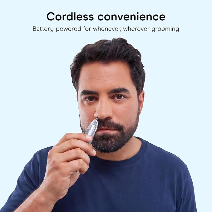 Conair Cordless Nose Ear and Eyebrow Trimmer Grooming Kit | 5-Piece Metal Grooming Kit with Patented 360° Bevel Blade for Safe Trimming, Metallic, PG7500R