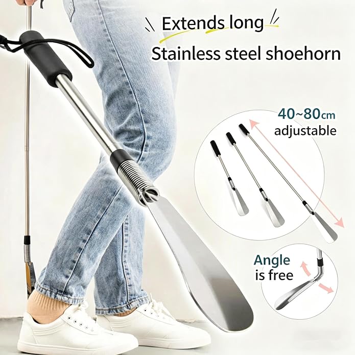 Telescopic Shoe Horn Long Handle 16" to 31" Metal Adjustable Length,Shoe Helper Tool For Seniors Adults Kids