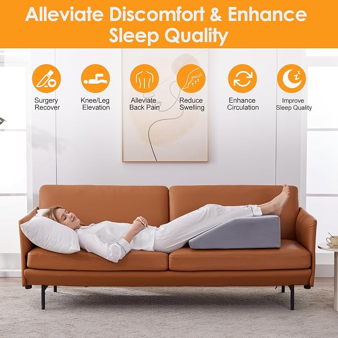 Ruqmuis Leg Elevation Pillow for After Surgery, 10inch Foam Leg Elevating Pillow for Swelling and Blood Circulation, Leg Wedge Pillow for Sleeping, Knee Pillow for Knee Hip Ankle Pain Relief, Velvet
