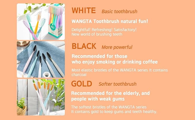WANGTA Toothbrush 4pcs, Twice as Wide as Regular Brush Head, Wide Toothbrush, Long Brush Head, More Comfortable and Easier Brushing (Black Brush)