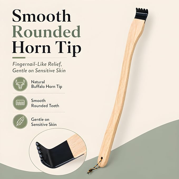Natural Buffalo Horn Back Scratcher, 17" Curved Beech Wood Handle | Natural Buffalo Horn Tip, 17-Inch Curved Beech Wood Handle, Long Reach, Smooth Rounded Edge, For Men, Women And Seniors
