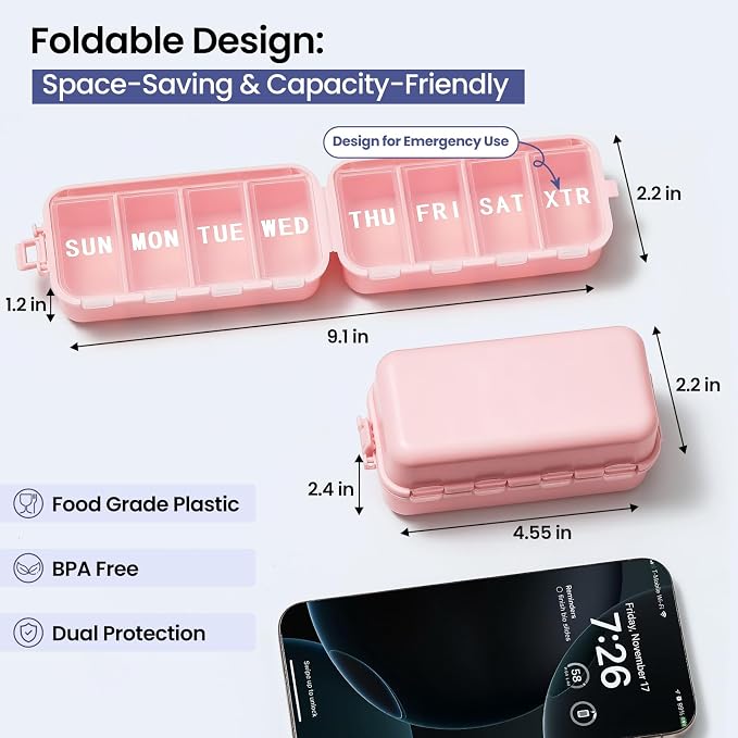 NEW Foldable Weekly Pill Organizer Large,Cute & Portable Pill Box 7 Day 1 Time a Day,8 Grids with Excess Space for Emergency Use,Daily Travel Pill Case Holder Dispenser for Vitamin,Supplement- Pink