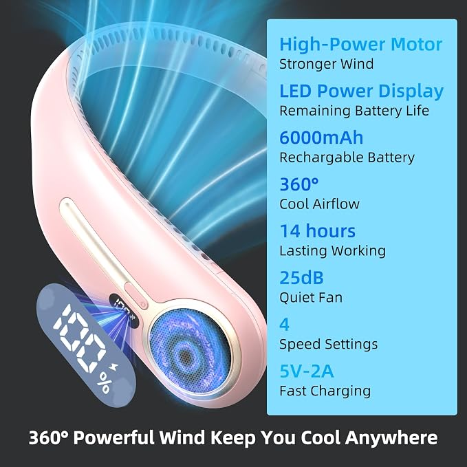 Portable Neck Fan, Personal Wearable Bladeless Fan, 6000mAh USB Rechargeable, 360° Airflow, LED Display, 4-Speeds, Hands Free Fan for Outdoor Indoor, Birthday Gifts for Men Women Dad Mom (Pink)