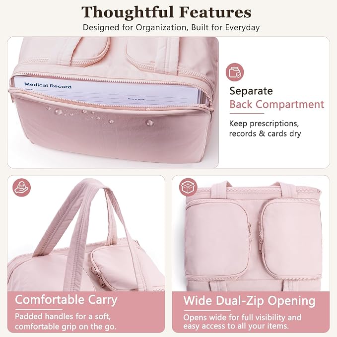Travel Medicine Storage Bag with 2 Compartments, Wide-Mouth Medical Organizer, Puffy Lightweight First Aid Bag for Prescription Bottles, Pill Cases, Medical Supplies & Family Emergency Essentials