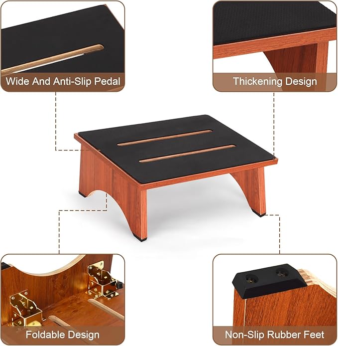 Step Stool Foldable, Wooden Step Stool with Non-Slip Rubber Stepping Platform, Folding Step Stools for Adults Seniors in Bedroom, Kitchen Bathroom, RV, Bed Steps for High Beds, No Assemble (Brown)