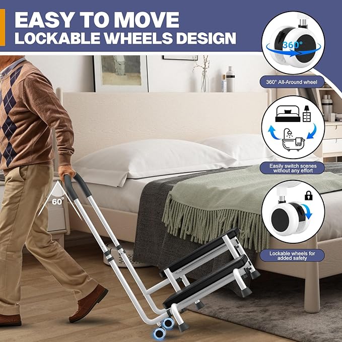 2 Step Stool with Handle for Elderly, 2 Lockable Wheel - Bed Steps for High Beds for Adults, 4.3 in Widened Spacing, 5 Level Adjustable Handrail, Foot Stool, for Bedside, Kitchen, RV, Bathtub