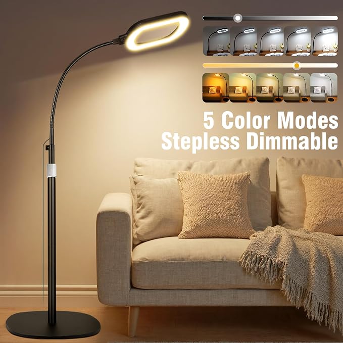 Large Magnifying Glass with Light and Stand, 15X Rectangle Optical Real Glass Lens, Height Adjustable Gooseneck Magnifier Floor Lamp, 5 Color Modes LED Dimmable Lighted Hands Free for Close Work Craft