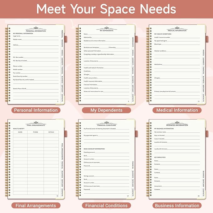 End of Life Planner, Estate Planning Organizer with Tabs for Senior, Spiral Funeral Planning Book with Large Font, Gold Corner Guards & Inner Pocket for Will Preparation, 7.36" x 10.4", Brown