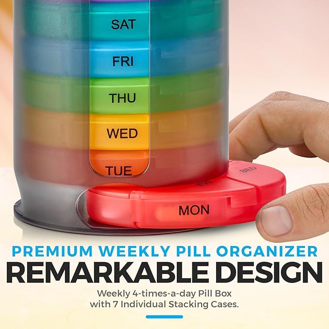 MEDca Weekly Pill Organizer, 1 Dispenser, 7 Stackable Multi-Color Compartments Four Times-a-Day - Morning, Noon, Evening, and Bedtime, Black, 2-Pack