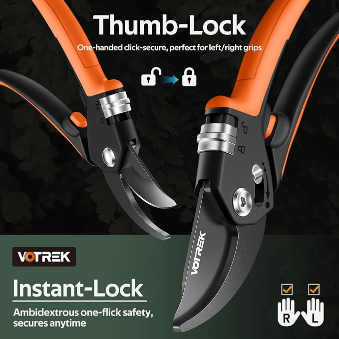 VOTREK® Pruning Shears, [Patented Stepless Handle Opening] - Garden Clippers with Ultra-Sharp SK5 Steel for Weak Hand, Pruners Universal Fit for All Hand Sizes, Effortlessly Cuts 1-Inch Branches