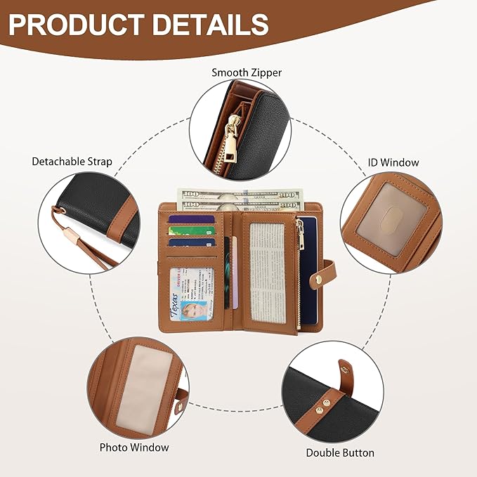 Small Wallet Women RFID Blocking Vegan Leather Slim Thin Bifold Credit Card Wallet Passport Holder Ladies Travel Wallet Mini Purse with Zipper Pocket