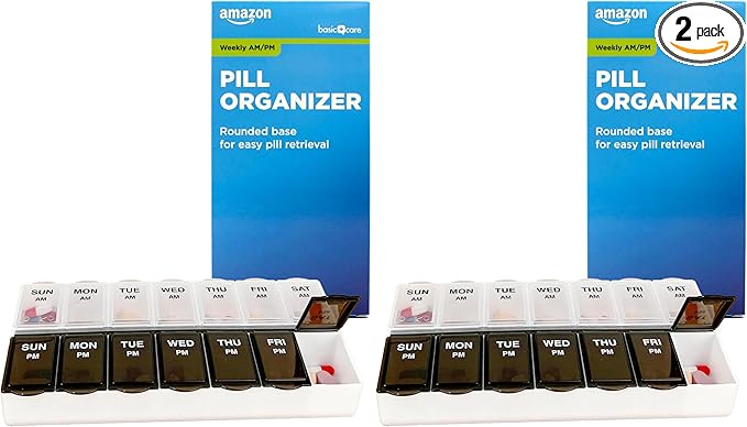 Amazon Basic Care 7-Day AM/PM Pill Organizer | Large Compartments | 2 Times Daily | Black and Clear Lids | Pack of 2