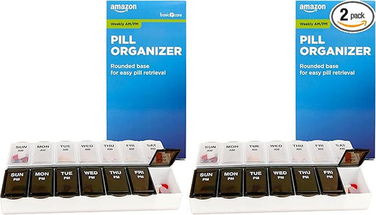 Amazon Basic Care 7-Day AM/PM Pill Organizer | Large Compartments | 2 Times Daily | Black and Clear Lids | Pack of 2