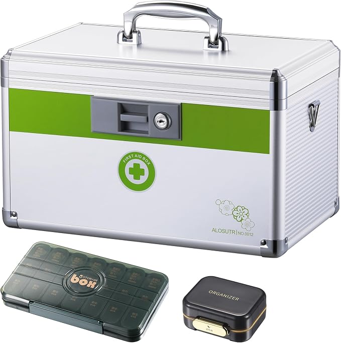 Medicine box with lock 12 x7.6x 7.8 inches [Medium] | Medication Lock box ，First Aid Key Safe Box with Lock, Medical Box Organizer