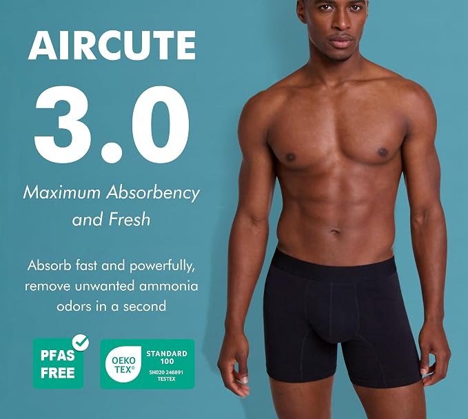 AIRCUTE Washable Absorbency Incontinence Underwear for Men, 6" Inseam Urinary Protective Boxer Briefs for Bladder Leaks 60ML (Medium, Black)
