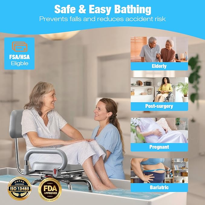 Swivel Shower Chair with Arms and Back,Anti-Slip Design,with Security Belt for Elderly and Disabled,Adjustable Height and Backrest,One-Touch Rotate Shower Chair,Gray