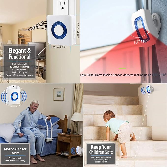 Wireless Indoor Motion Sensor Alarm, Bed Alarm and Fall Prevention for Elderly / Dementia Patients /Kids (2 Motion Detector +1 Receiver)