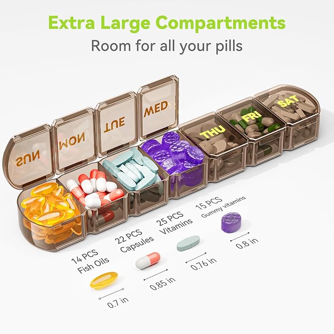 Large Pill Organizer Weekly - SHIJOINYU 7 Day Pill Box with Easy-Open Design, Daily Medicine Pill Organizer for Vitamins, Supplements, Fish Oils and Medications - Brown