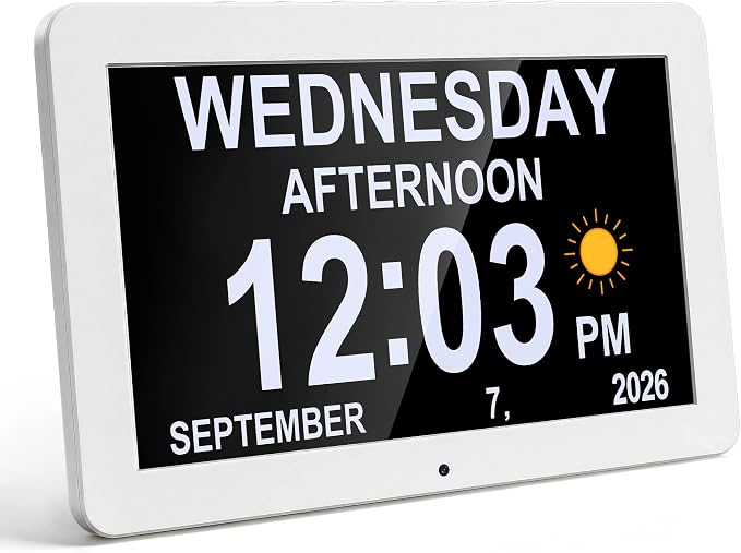 JALL 10" Large Digital Calendar Day Clock for Seniors 2026 - Easy to Read Alzheimer's Dementia Memory Loss Clock for Elderly with IPS Wide Angle，Day & Date, 12 Custom Alarms & Auto-Dimming, White