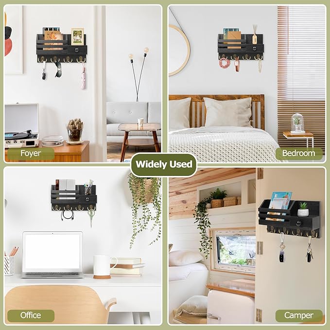 Key Holder Wall Mount, Wooden Key and Mail Organizer, Black | 2 Mount Options, Includes 8 Hooks, Fence Mail Slot, Small Drawer and Shelf, for Entryway, Hallway, Doorway, Living Room, RV