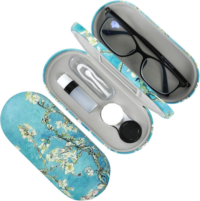 2 in 1 Contact Lens Case and Eyeglasses Case for Women Men Kids, Double Sided Hard Shell Portable Glasses Travel Holder with Built-in Mirror, Contact Lens Box (Apricot Blossom)