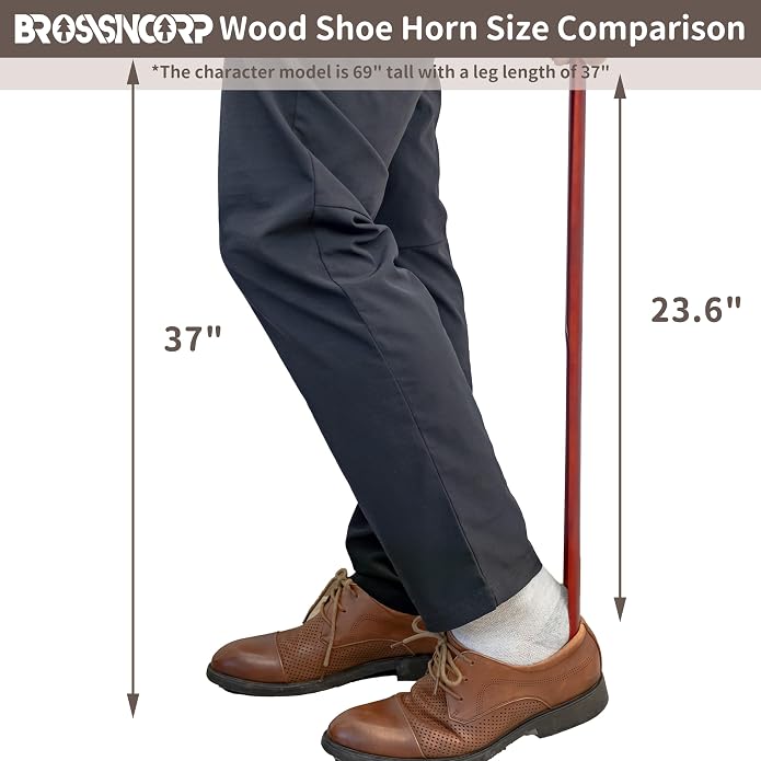 Brosisincorp Wooden Shoe Horn Long Handle for Seniors Helper | Solid Black Walnut Wood, Smooth Finish, Leather Hanging Loop Wall Mount, Reduce Bending Over, for Pregnant Women Back Pain